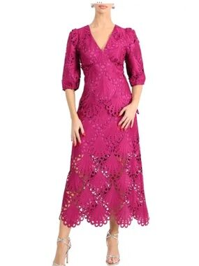 Adelyn Rae Kinsley Puff Sleeve Lace Midi Dress, size XS